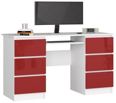 PC-Schreibtisch AKORD A11 Weiß mit 6 Schubladen Front Rot Glanz B135 x H77 x T50 cm