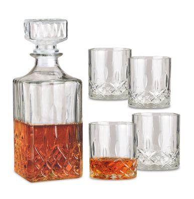 Whisky Geschenk Set - 4x Glas + 1x Karaffe - Rum Flasche Trinkglas Dekanter