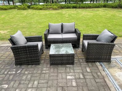 Fimous 4-Sitzer Hoher Récken Rattan Sofa Set mit Quadratisch Couchtisch Gartenmöbel