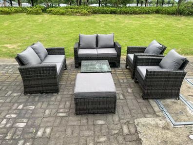 Fimous 7-Sitzer Hoher Récken Rattan Sofa Set mit Quadratisch Couchtisch Gartenmöbel