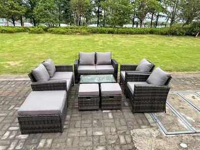 Fimous 9-Sitzer Hoher Récken Rattan Sofa Set mit Oblong Couchtisch Gartenmöbel