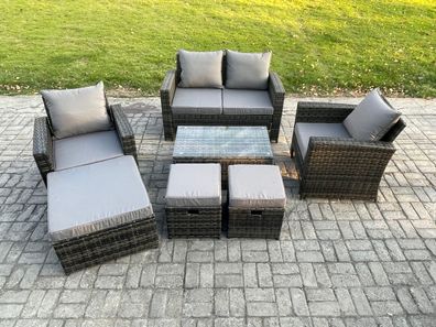 Fimous 7-Sitzer Polyrattan Gartenmöbel Set mit Couchtisch Doppelsitz-Sofa 3 Hocker