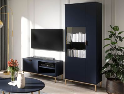 FURNIX 2-teilige Wohnwand Malagas II Möbelset mit Goldgestell Marineblau