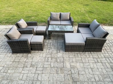 Fimous 9-Sitzer Hoher Récken Rattan Sofa Set mit Liebes-Sofa Lehnstuhl 3 Hocker