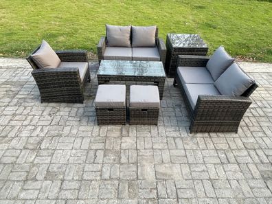 Fimous 7pcs Rattan Gartenmöbel im Freien Sofa Set mit Couchtisch Beistelltische