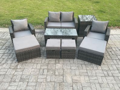 Fimous Hoher Récken Rattan Gartenmöbel Sets mit Couchtisch Großer Fußhocker