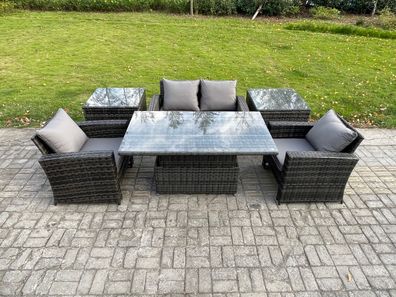 Fimous Polyrattan Gartenmöbel Set Lounge Esstisch mit Sofa 2 Beistelltische