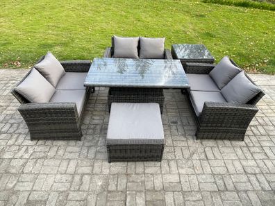 Fimous 7-Sitzer Rattan Gartenmöbel Sitzgruppe mit Doppelsitz-Sofa Großer Fußhocker