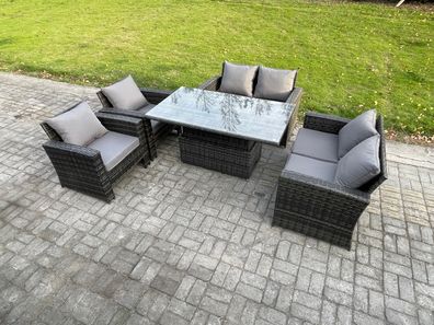 Fimous Rattan Gartenmöbel Set im Balkon 6-Sitzer Einstellbare Höhe Esstisch Sofa Set