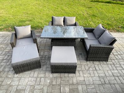 Fimous 7-Sitzer Polyrattan Gartenmöbel Einstellbare Höhe Esstisch Set