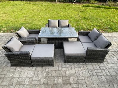 Fimous 8-Sitzer Polyrattan Gartenmöbel Einstellbare Höhe Esstisch Set