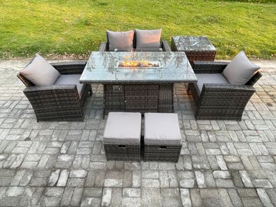 Fimous 6-SitzerÂ Rattan Gartensofa Set Gartenmöbel Gas Feuerstelle Esstisch