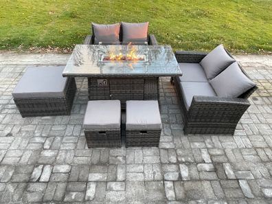 Fimous 7-Sitzer Polyrattan Gartenmöbel Set Garten Sofa Gasfeuerstelle Esstisch Set