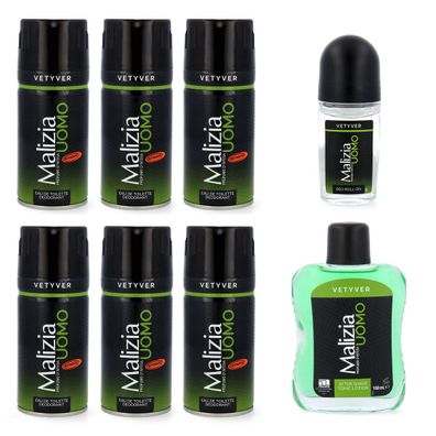 Malizia UOMO Vetyver Set 6 x Deodorant 150 ml, After Shave 100 ml & Deo Roll-On 50 ml