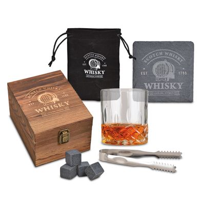 Basalt Whisky Steine Geschenk Set 8tlg. - Glas Zange Kühlwürfel wiederverwendbar