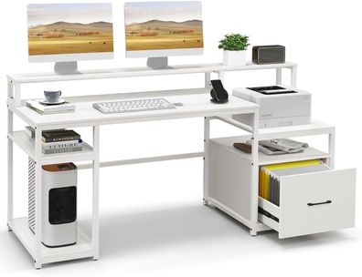 Schreibtisch mit Monitorständer, Druckerständer, CPU-Ständer & Aktenschrank, PC-Tisch