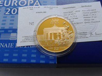 Original 200 euro 2009 PP Frankreich Gold Europa Mauerfall 1 Unze 999er Gold Rarität