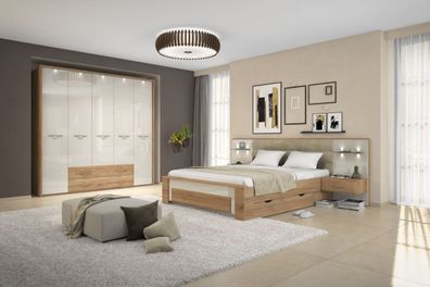 Schlafzimmer Komplett - Set A Gataivai, 10-teilig, Farbe: Beige Hochglanz / Waln