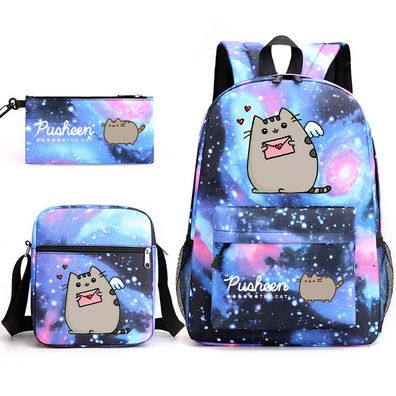 Pusheen Fat Kitty Dreiteiliger Schulrucksack, lässiger Jungen- und Mädchen-Studentenr