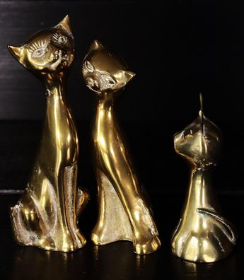 Katzen, 3 hochglänzende Messing vintage Figuren Denmark / 18,7 cm, 840 g #W