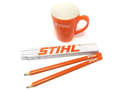 Stihl Zollstock + Zimmermannsbleistifte + Tasse Orange