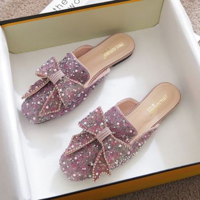 Damenmode Shiny Bowknot Flatform Slip On Schuhe Sommer Strass Sandasl Sh