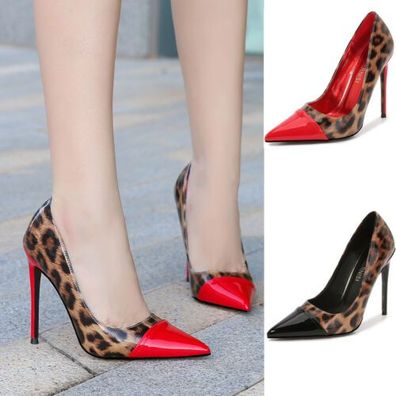 Frauen Leopard Heels Crossdresser Sexy Stiletto Rot Patchwork Schuhe 35-46