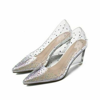 Damen Spitz Keilabsatz Party Schuhe Pumps Fruhling Slip On Transparent Shallow