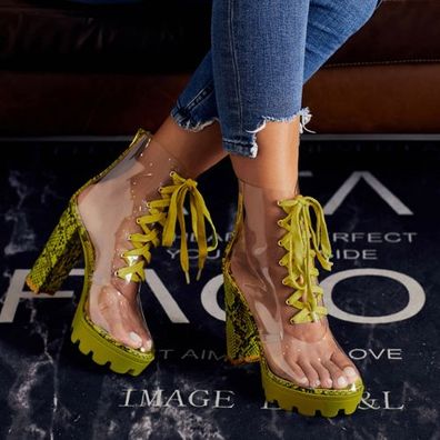 Damen Sommer Schlangenmuster Schuhe transparente runde Zehenschnurung Blockabsat