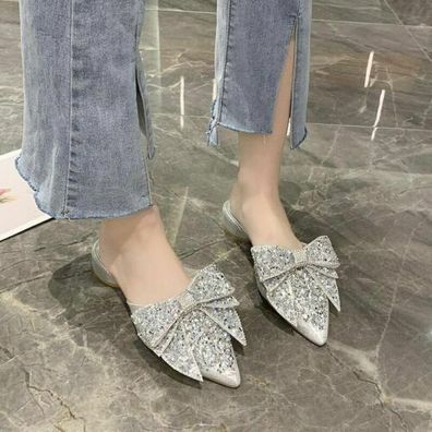 Damen Absatz Bling Pailletten Hausschuhe Pantoletten Spitze Zehe Flacher Slip On