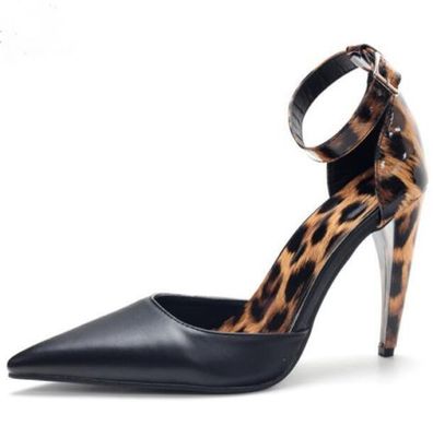 Damen Stilettoabsatz Knochelriemen Spitz Schuhe Sommer Leopardenmuster 10Cm