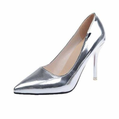 Damen Spitz Slip On Nachtclub Schuhe Pumps Highheels Lackleder Stilettoabsatz