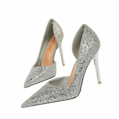 Damen High Heel Slip On Buro Lady Pumps Spitzschuh Paillette Formelle Schuhe