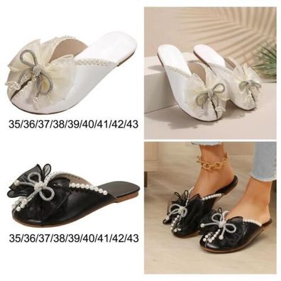 Mule-Schuhe, Damen-Pantoletten, Strass-Schleife, flache Hausschuhe, leichte