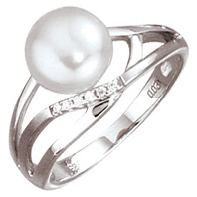 Damen Ring 585 Gold Weißgold 1 Süßwasser Perle 6 Diamanten Brillanten Goldring.