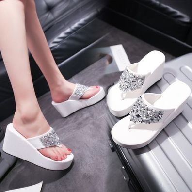 Damen Flip Flops Pantoletten Hausschuhe Sandalen Schuhe Plattform Wedge Heels