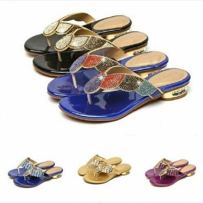 Damen Peep Toe Schuhe Strand Hausschuhe Strasssteine Sandalen Flach Slip On