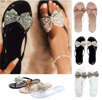Damen Bow Tow Toe Post Flip Flops Damen Flach Diamante Jelly Sandalen Hausschuhe