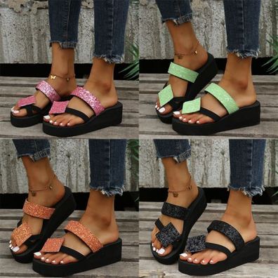 Damen Plateau Hausschuhe Strand Schuhe Sandalen Paillette Sommer Tanga Flip Flop
