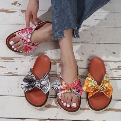 Damen Flach Schuhe Strand Hausschuhe Slip On Offen Freizeit Schleife Sandalen