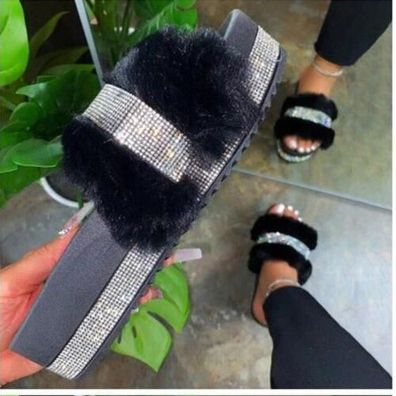Damen Slides Outdoor Strasssteine Schuhe Offen Fuzzy Fellbesatz Hausschuh House