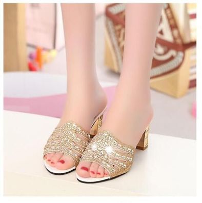 Damen Strass Slip On Blockabsatz Pumps Schuhe Sommer Sandalen Hausschuh