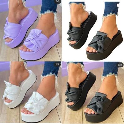 Damen Slip-On Sommer Hausschuhe Strand Schuhe Schleife Plateau Flach Sandalen