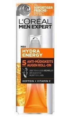 L'Oréal Men Hydra Energy Augen-Roll-on, 10ml - Active-Gel-Formel