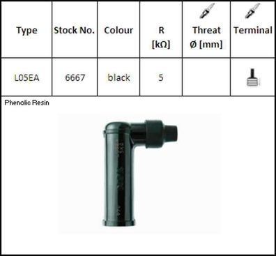 NGK6667 L05EA Zündkerzenstecker 90 Grad, Farbe schwarz wasserdicht, 5 Kilo Ohm