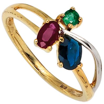 Damen Ring 585 Gold Gelbgold bicolor 1 Rubin 1 Safir 1 Smaragd Gelbgoldring