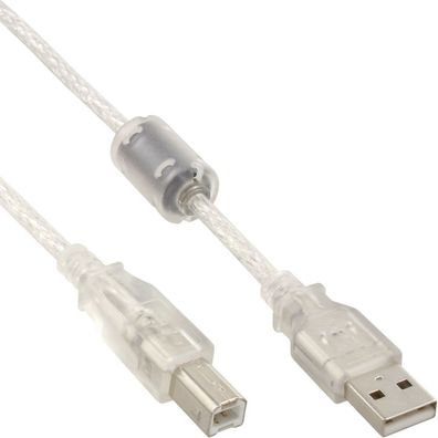 InLine® USB 2.0 Kabel, A an B, transparent, mit Ferritkern, 3m, transparent