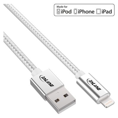 InLine® Lightning USB Kabel, für iPad, iPhone, iPod, silber/ Alu, 1m MFi-zertifiz