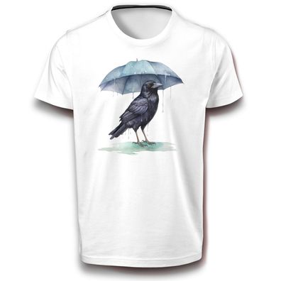 Rabe im Regen mit Regenschirm Krähe Vogel Amsel T-Shirt 152 - 3XL Baumwolle DTF
