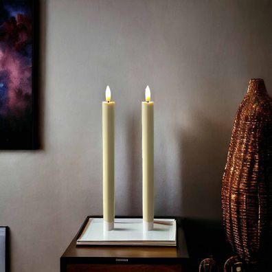 LED Stabkerzen elfenbein Tafelkerzen Kunststoff 3D Flamme warmweiß 2x24cm